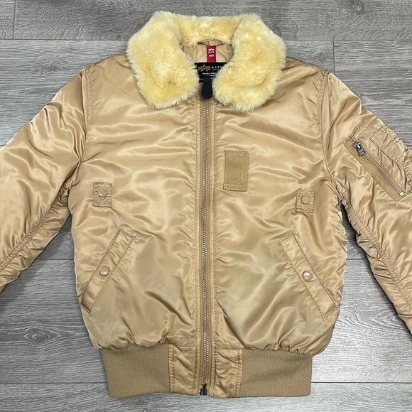 Alpha Industries B-15 Bomber Jacket Gold Nylon Removable Faux Fur Collar XS - Picture 3 of 16